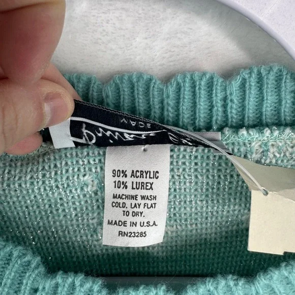 Vintage Private Eyes Teal Floral Rose Knit Sweater Metallic Lurex Crew Neck USA - Picture 4 of 8
